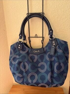 Coach Ashely Tote Dotted Art Navy and Teal Signature Monogram Shoulder Bag